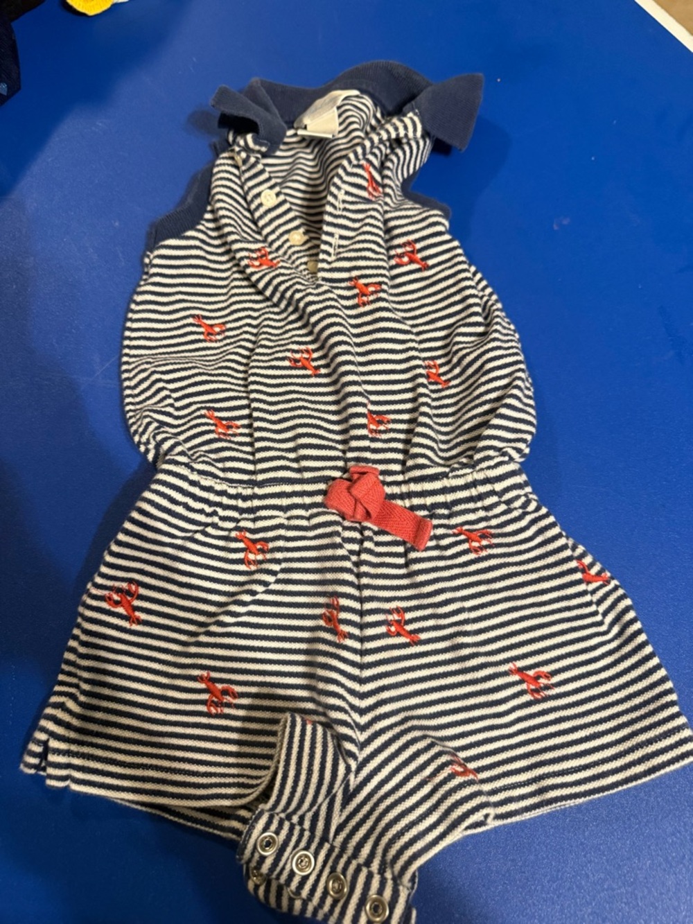 Navy & White Striped Baby Romper with Red Embroidered Accents 9 mo
